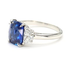 GIA Certified Blue Cushion Sapphire and White Diamond 3.70 Carat TW Plat Ring