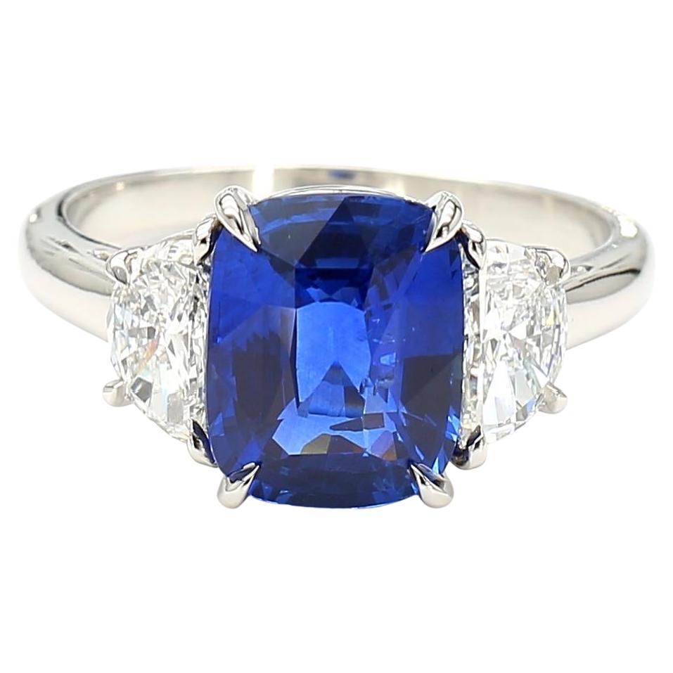 GIA Certified Blue Cushion Sapphire and White Diamond 3.70 Carat TW Plat Ring