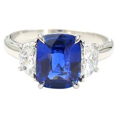 GIA Certified Blue Cushion Sapphire and White Diamond 3.70 Carat TW Plat Ring