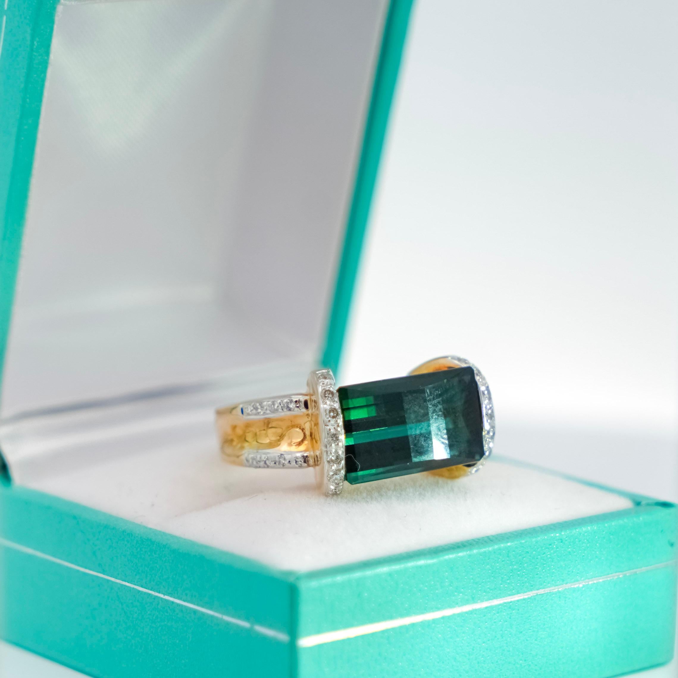 Art Nouveau GIA Certified Blue-Green Octagonal Tourmaline & Diamond Ring in 18K Carved Gold For Sale