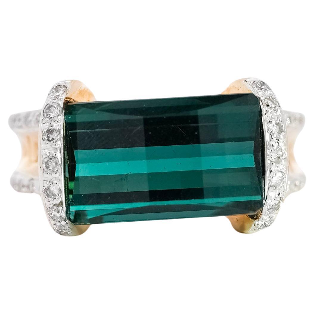 GIA Certified Blue-Green Octagonal Tourmaline & Diamond Ring in 18K Carved Gold For Sale