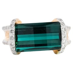 Retro GIA Certified Blue-Green Octagonal Tourmaline & Diamond Ring in 18K Carved Gold