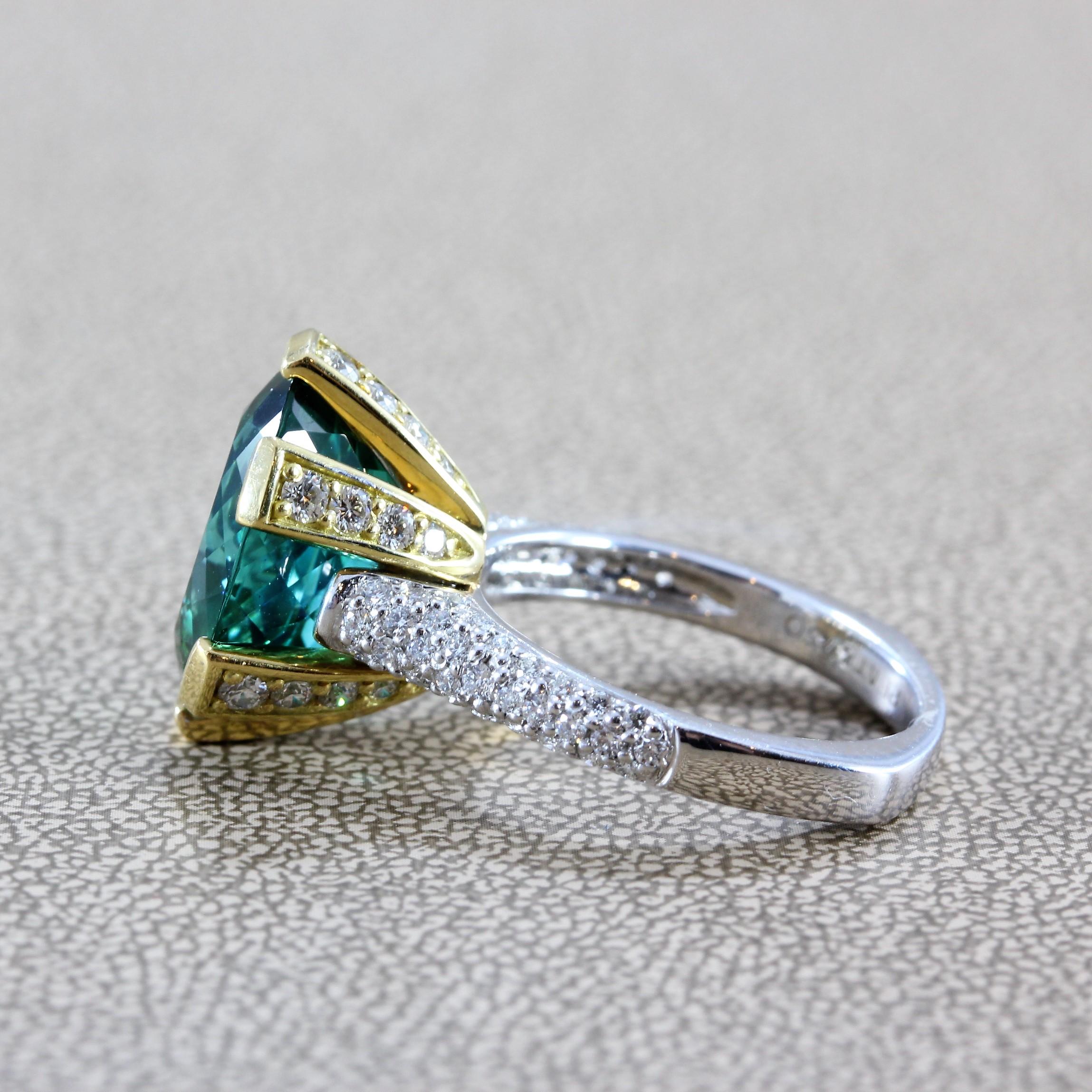 GIA Certified Blue-Green Tourmaline Diamond Gold Cocktail Ring In New Condition For Sale In Beverly Hills, CA