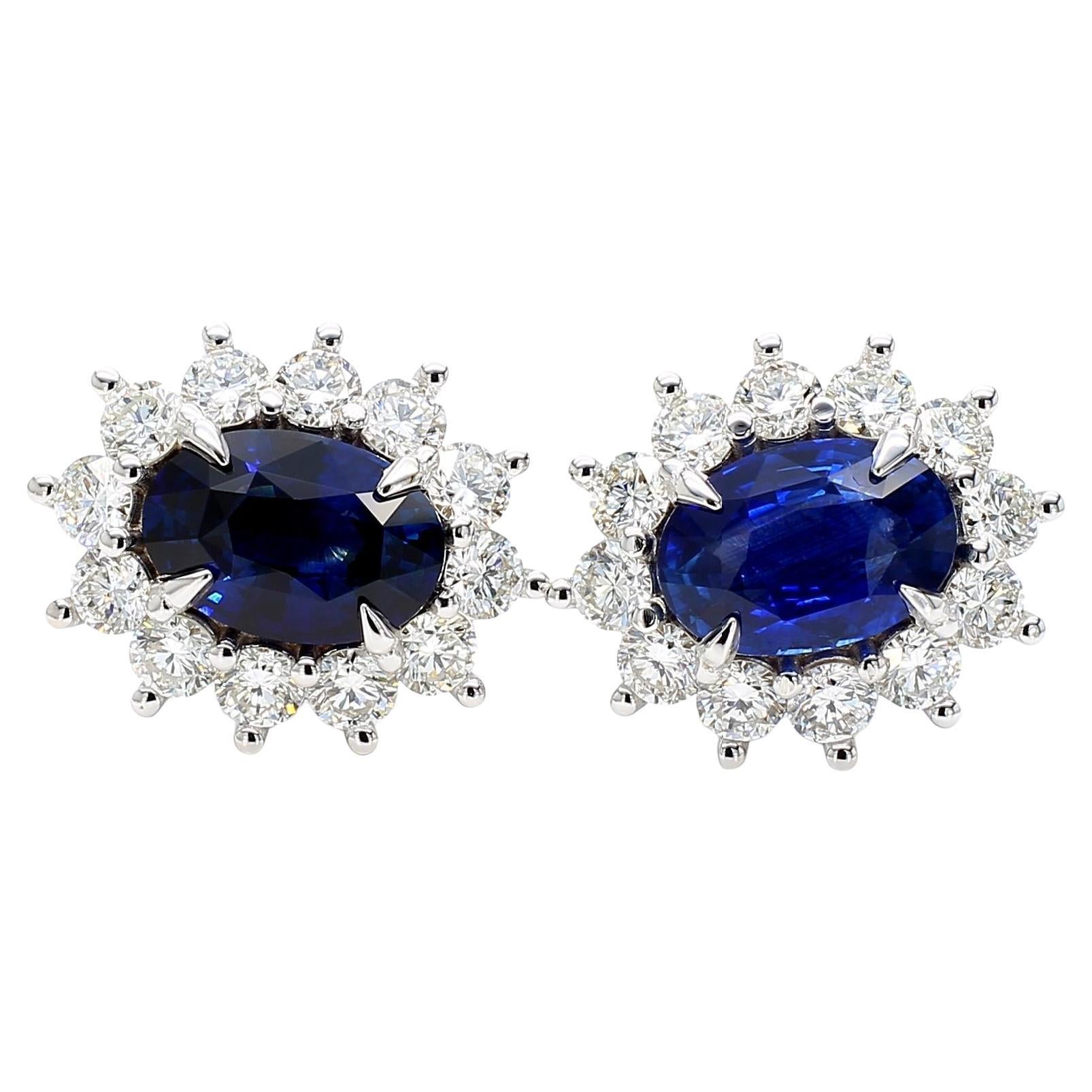 Boucles d'oreilles en or certifiées GIA saphir bleu ovale et diamant 5,83 carats TW