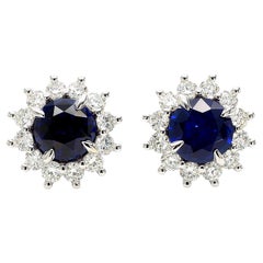 Boucles d'oreilles en or certifiées GIA saphir rond bleu et diamant 4,28 carats TW