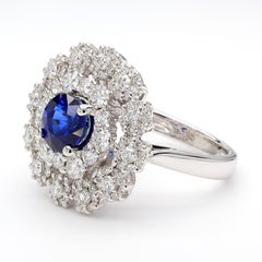 GIA Certified Blue Round Sapphire and White Diamond 3.12 Carat TW Gold Ring