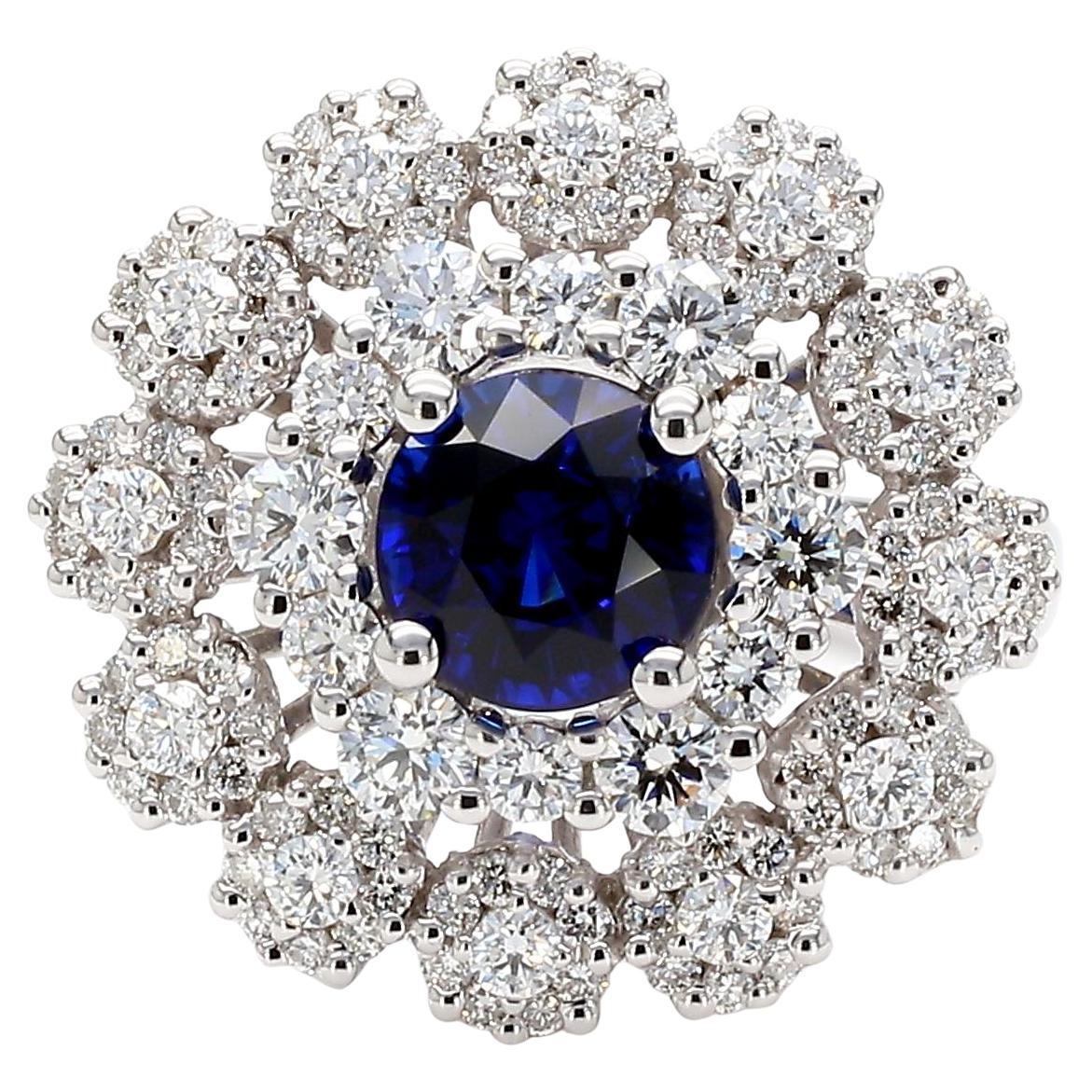 GIA-zertifizierter blauer runder Saphir und weißer Diamant 3,12 Karat TW Goldring