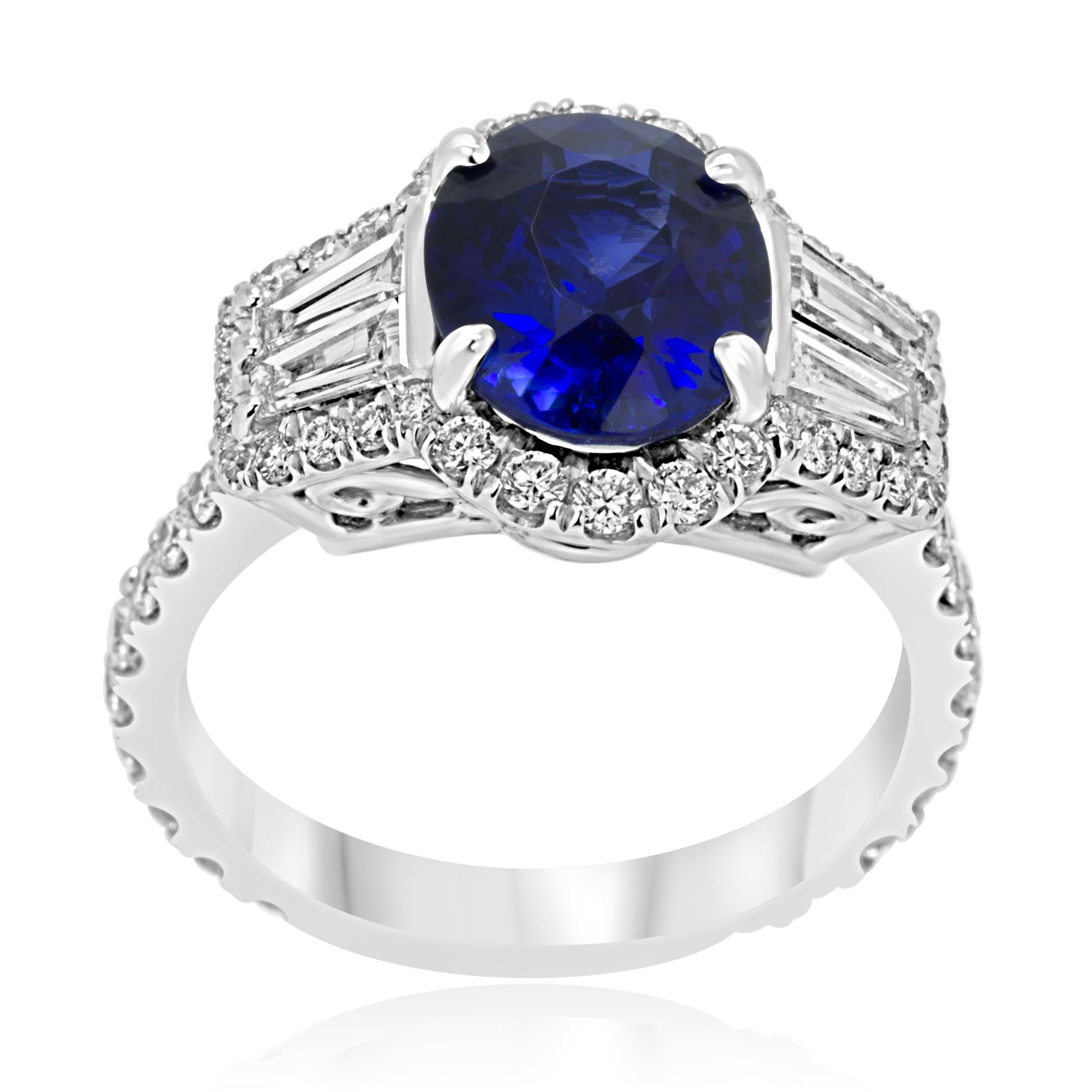 Contemporary GIA Certified Blue Sapphire 3.34 Carat Diamond Halo Gold Bridal Fashion Ring