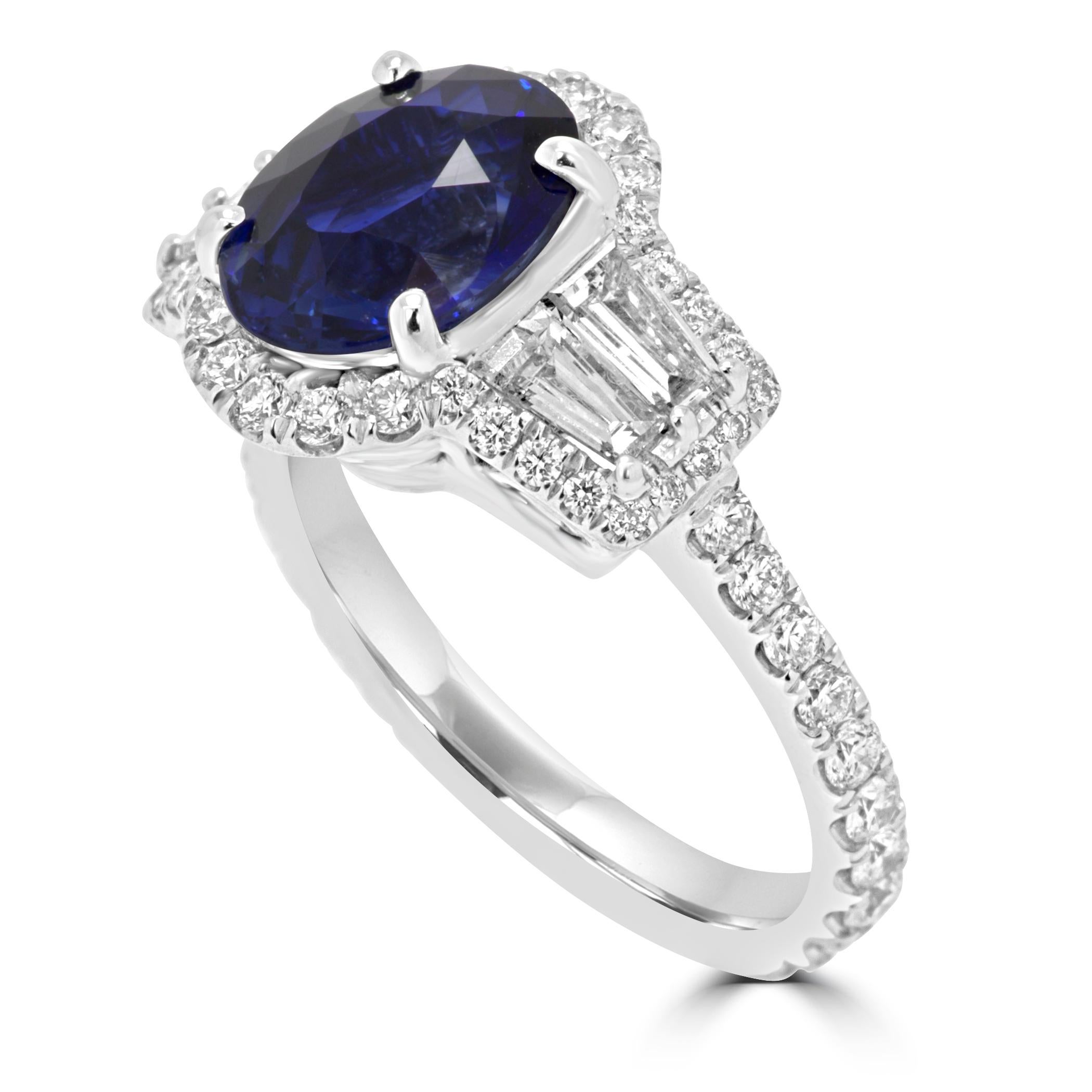 GIA Certified Blue Sapphire 3.34 Carat Diamond Halo Gold Bridal Fashion Ring In New Condition In NEW YORK, NY