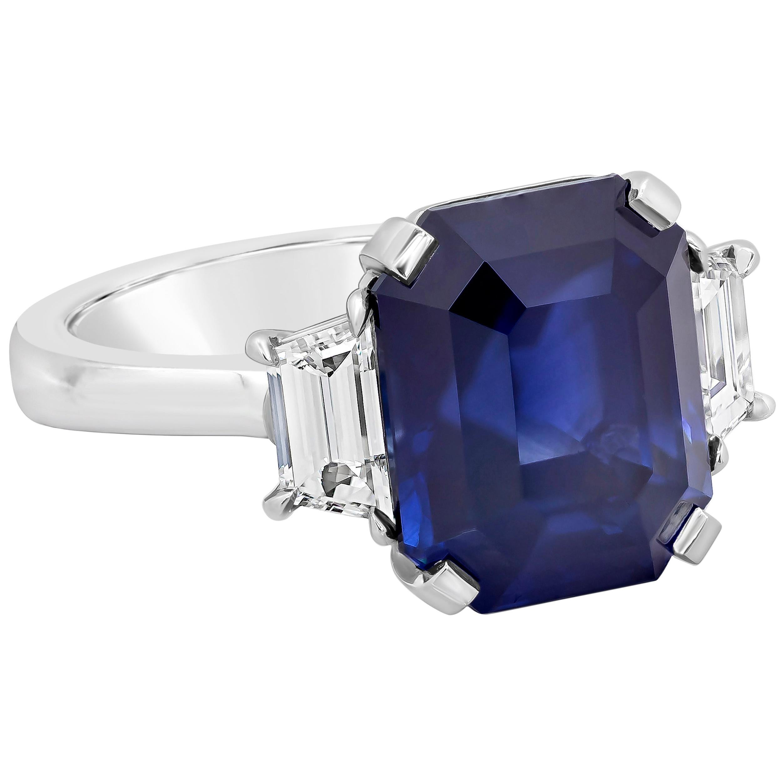 GIA Certified Blue Sapphire and Diamond Three-Stone Engagement Ring