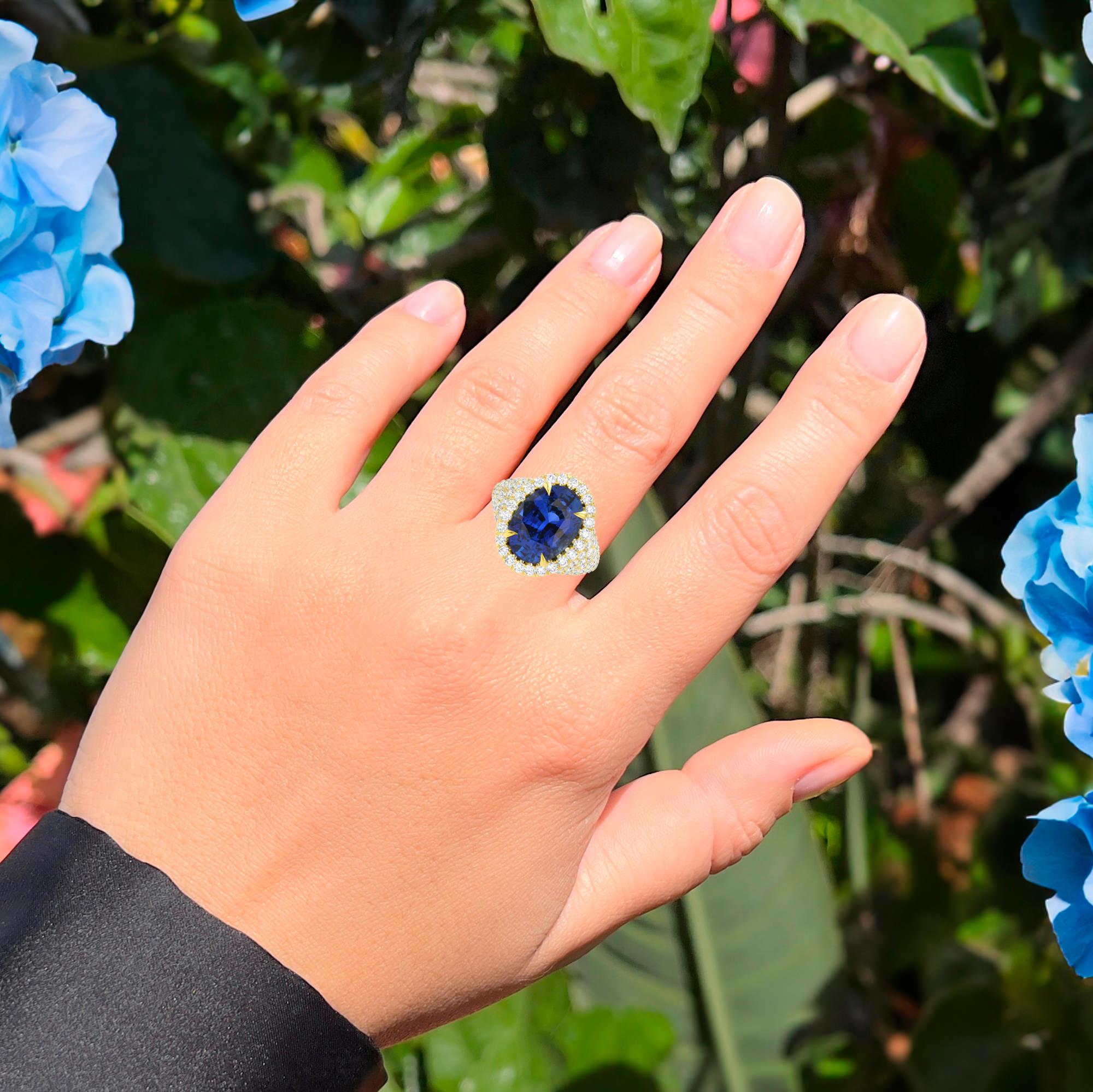 It comes with the GIA and GIC Certificates
All Gemstones are Natural
Certified Blue Sapphire = 7.24 Carat
Cut: Oval
207 Round Pave Diamonds = 2.80 Carats
Metal: 18K Yellow Gold
Ring Size: 6.5 US
*It can be resized complimentary