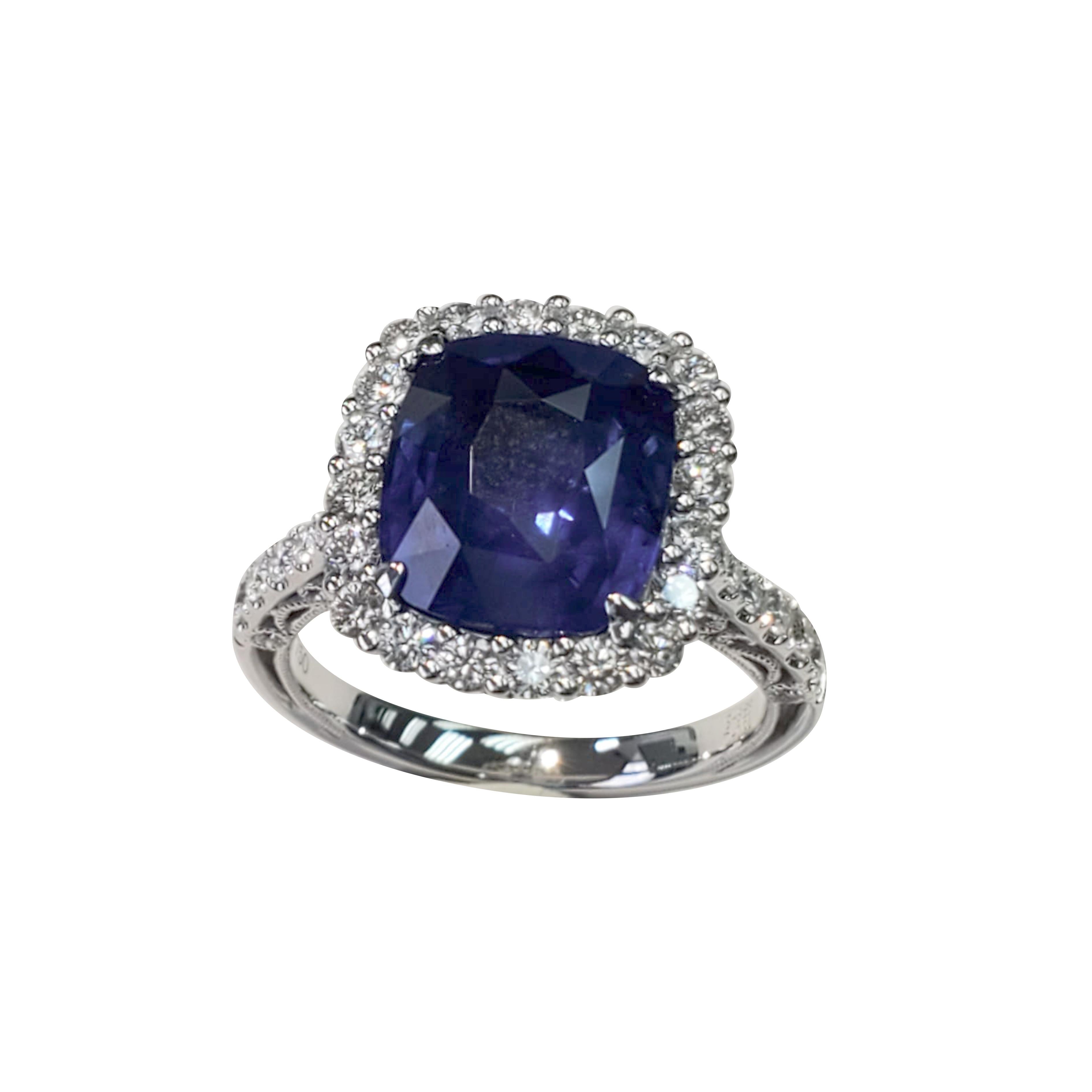 Cushion Cut GIA Certified Blue Sapphire Cushion with White Diamond Ring