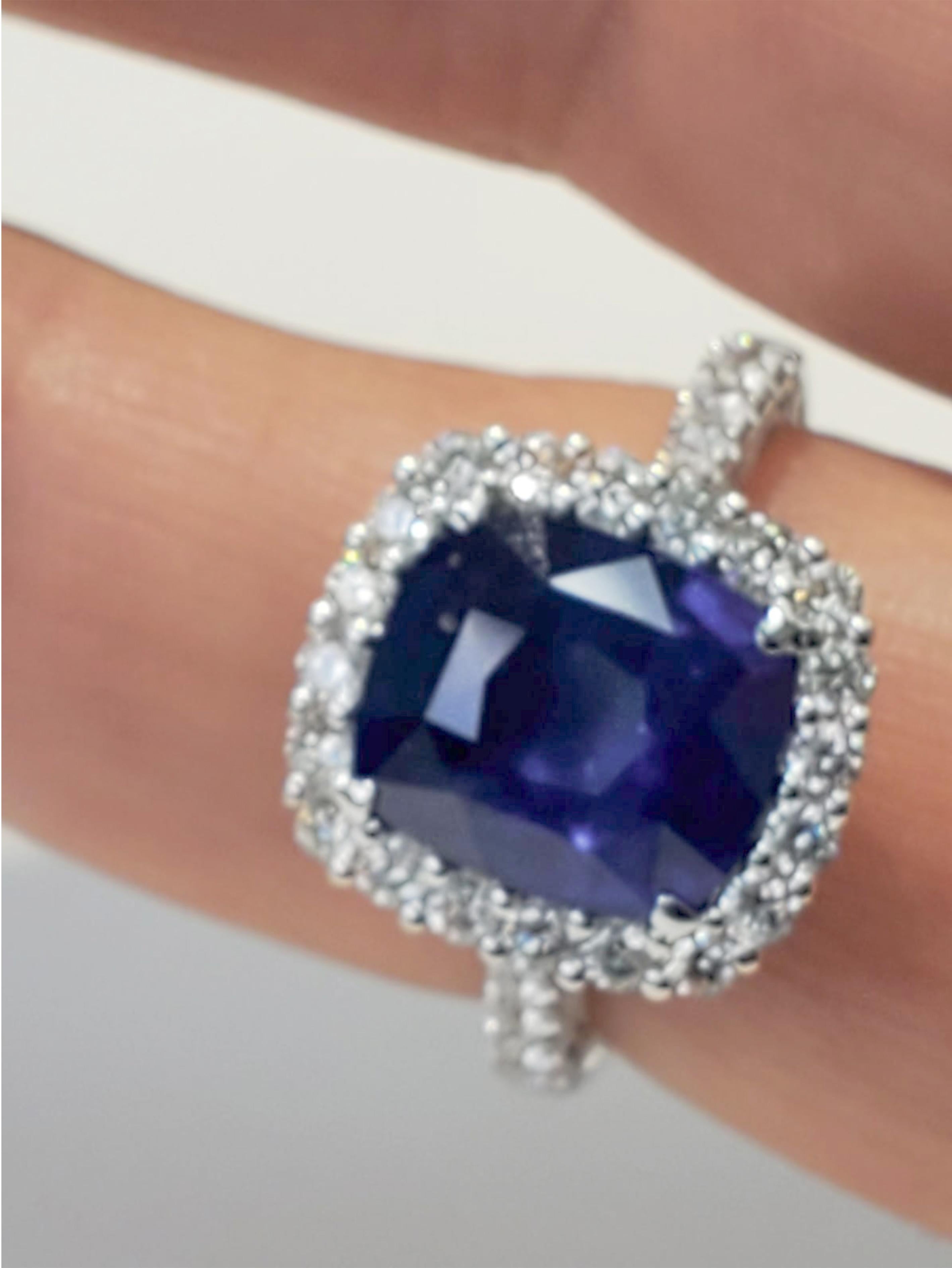 GIA Certified Blue Sapphire Cushion with White Diamond Ring In New Condition In Great Neck, NY