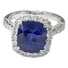 GIA Certified Blue Sapphire Cushion with White Diamond Ring