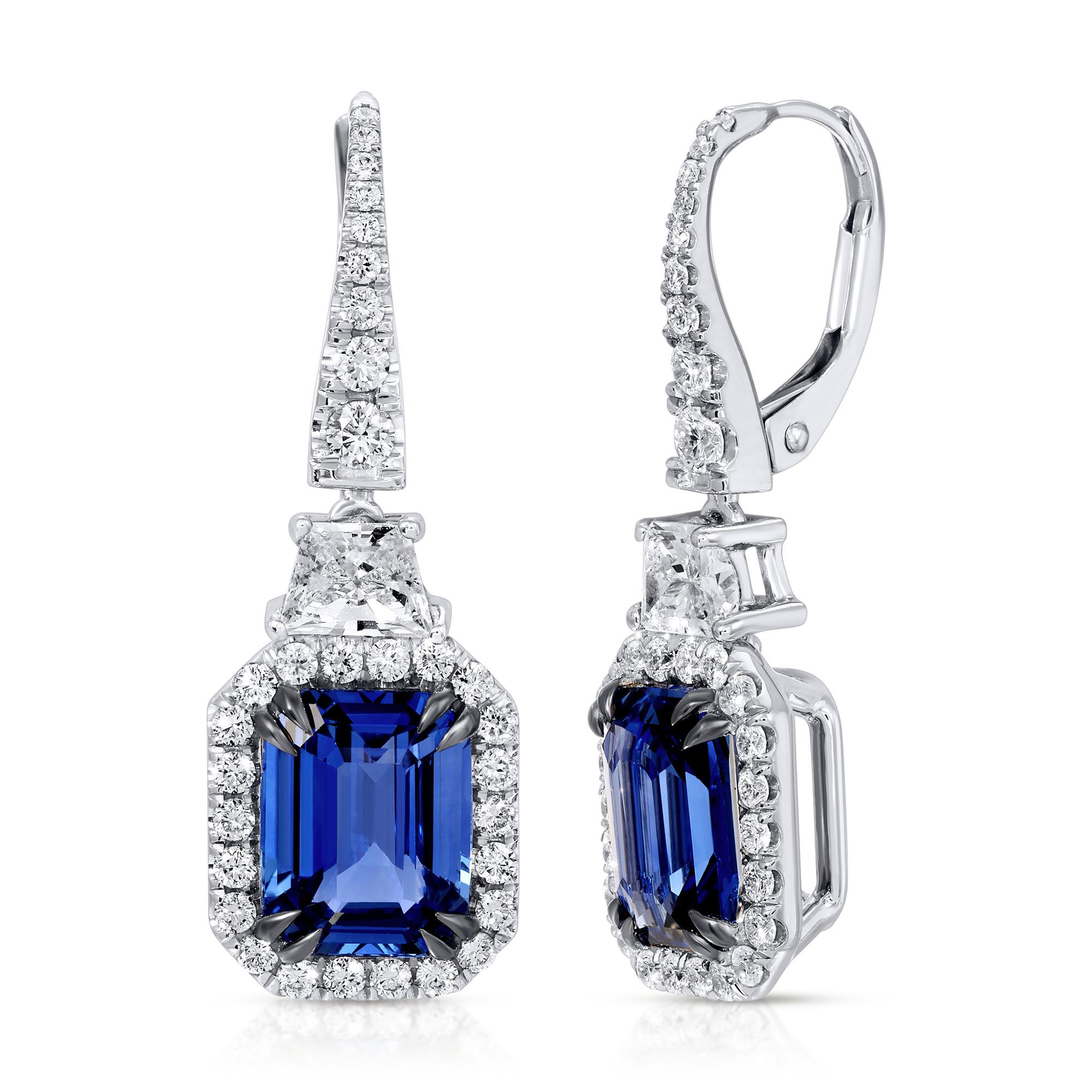 Emerald Cut GIA Certified Blue Sapphire Dangle Earrings Diamond Halo 6.7 Carats 18K Gold For Sale