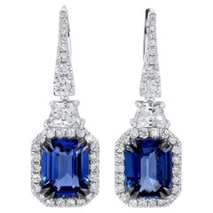 Pendientes colgantes de zafiro azul con certificado GIA Halo de diamantes 6,7 quilates Oro de 18 quilates
