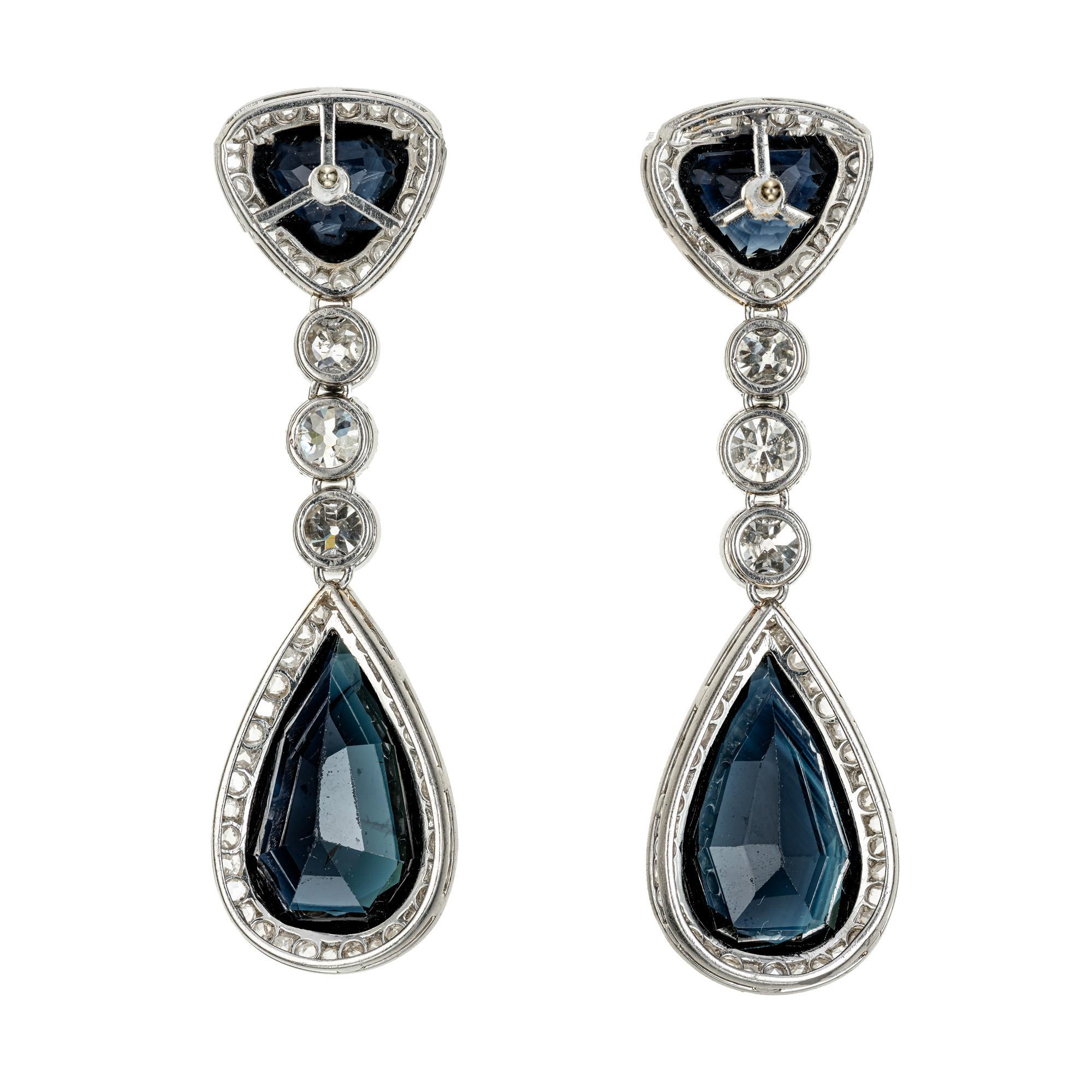 Pear Cut GIA Certified Blue Sapphire Diamond Halo Platinum Dangle Drop Earrings