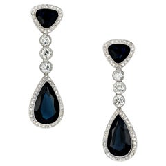 GIA Certified Blue Sapphire Diamond Halo Platinum Dangle Drop Earrings