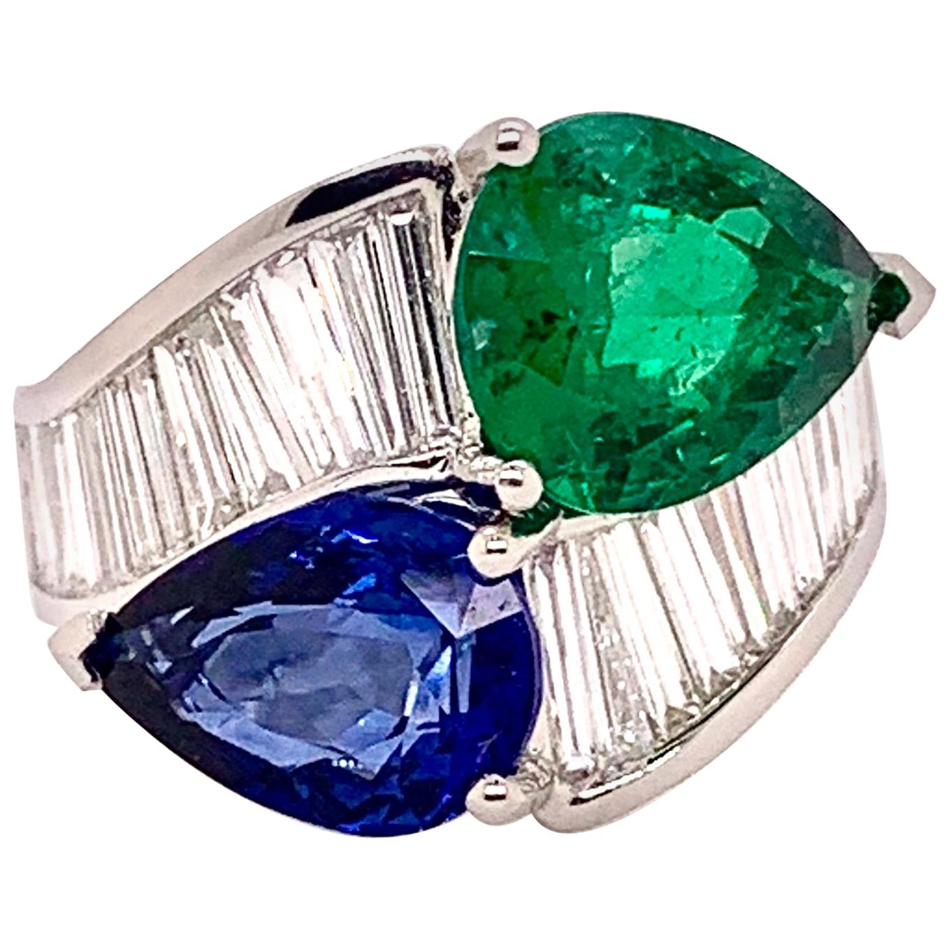 GIA Certified Blue Sapphire, Emerald, and Diamond Band Ring