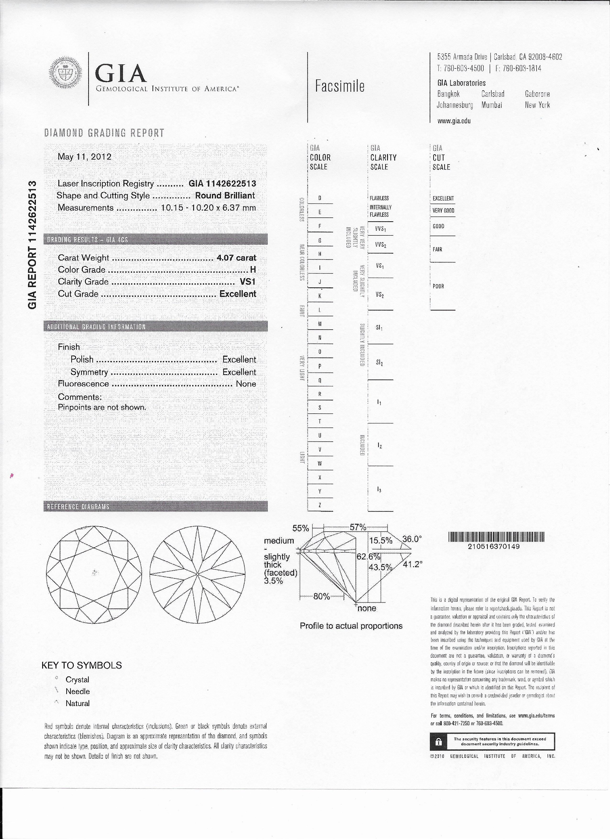 GIA-zertifizierter Brillantschliff 4,07 Karat  H VS1 Platin mit 2 Baguettes 1,09 im Angebot 2