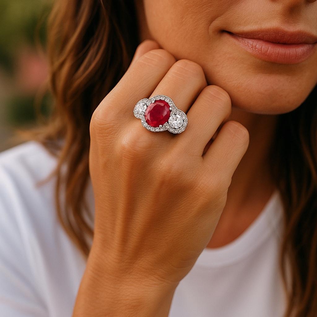 GIA Certified Burma Cabochon Ruby 5.85 Carat Diamond 3.45 Carat 18 Karat Ring In New Condition For Sale In New York, NY