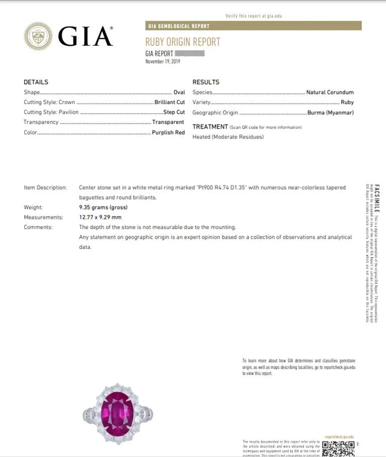 Oval Cut GIA Certified Burma Heated Ruby 4.74 Carat Oval in Diamond Platinum Ring For Sale