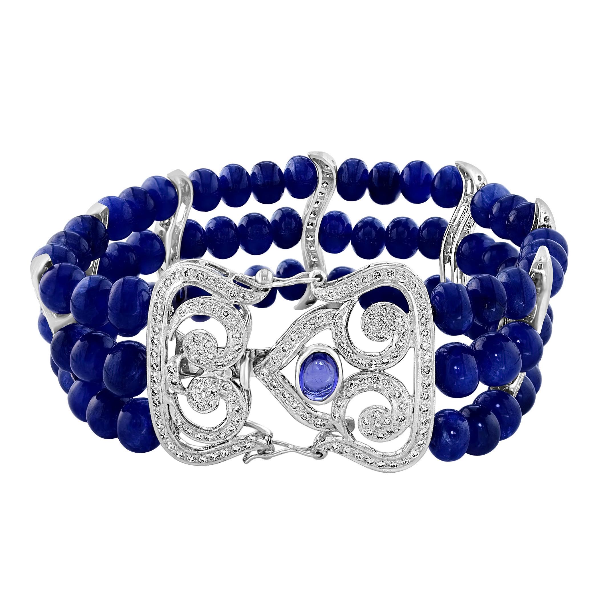 Bracelet en perles de saphir bleu naturel de Birmanie non chauffé et diamants, 18 carats, certifié GIA en vente