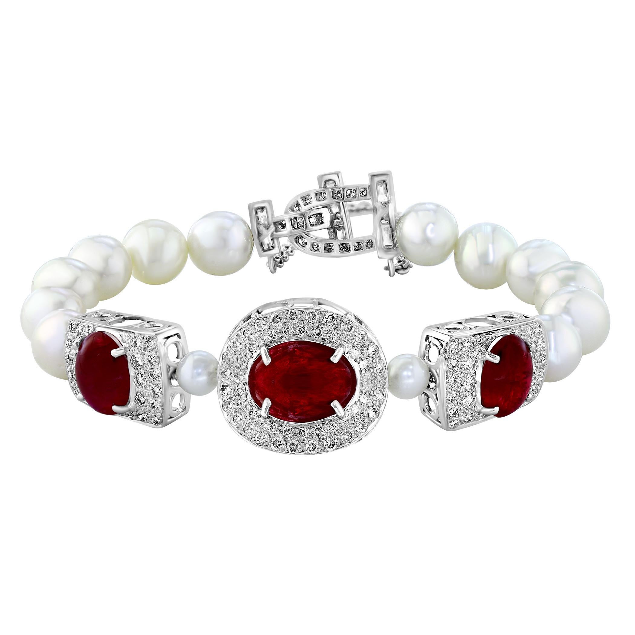 GIA Certified Burma No Heat Natural Spinel & Diamond & Pearl Bracelet , 18 Karat White Gold 
This exceptionally Beautiful , High Quality  bracelet has Three Cabochon of GIA certified Burma Spinel  with no heat Treatment

Total weight of Three spinel