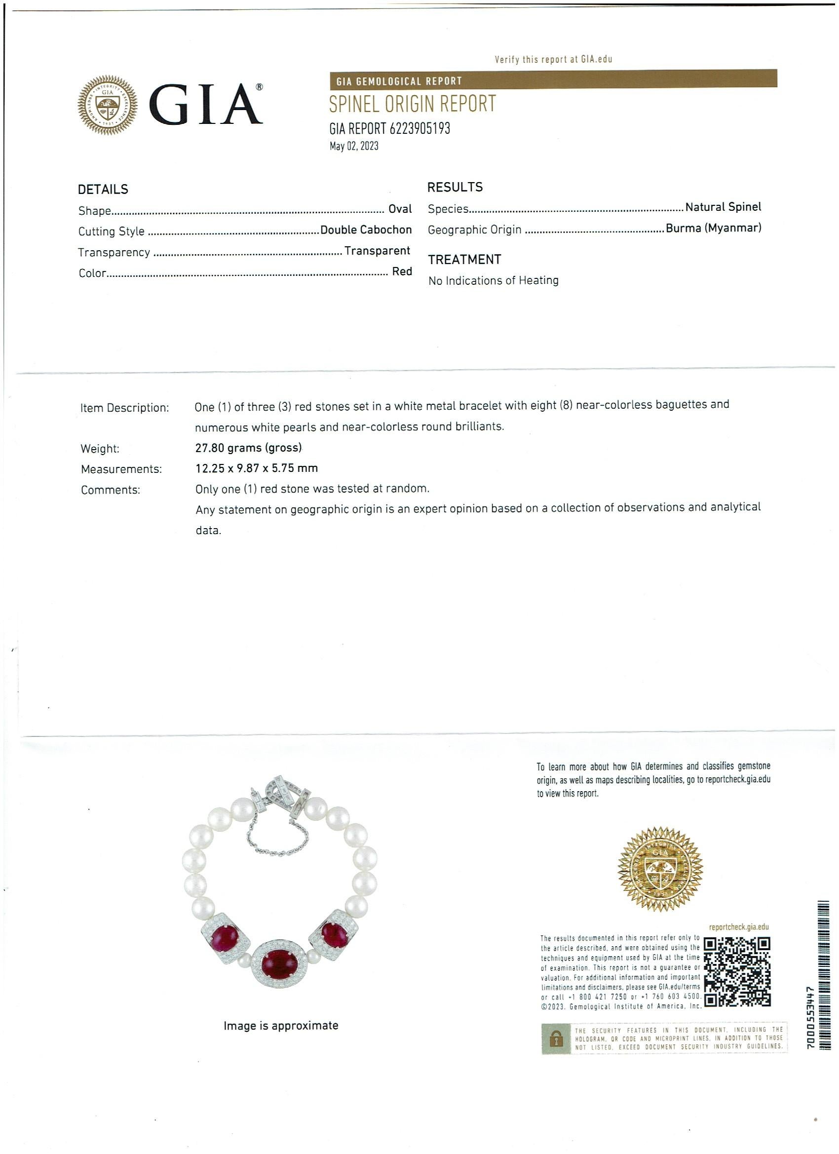 GIA-zertifiziertes Burma-Armband aus unbehandeltem natürlichem Spinell und Diamanten und Perlen, 18KWG (Cabochon) im Angebot