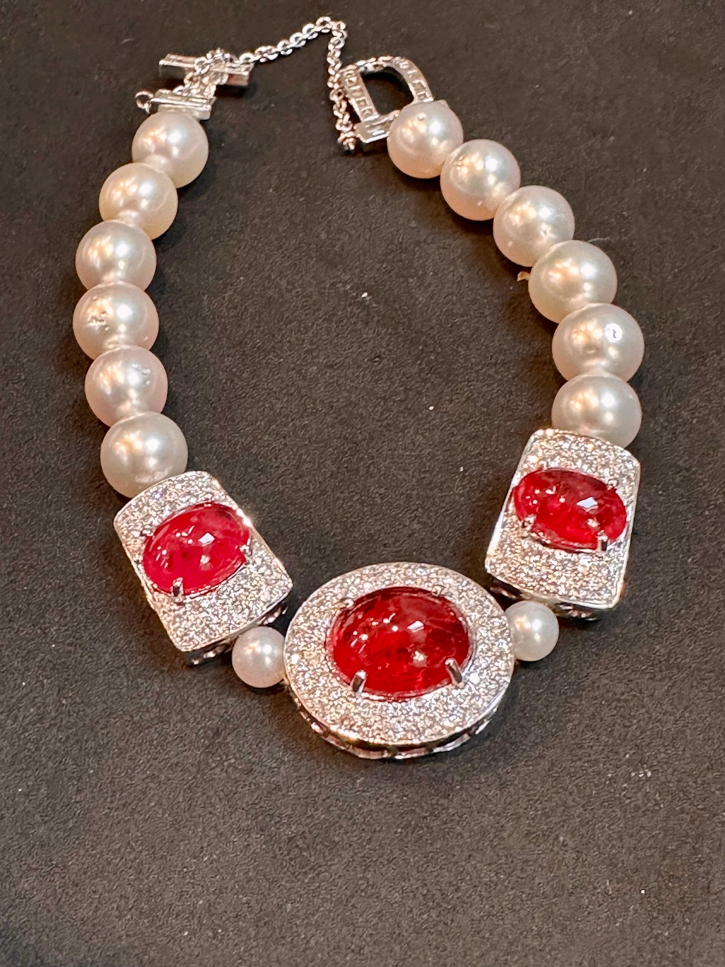 GIA Certified Burma No Heat Natural Spinel & Diamond & Pearl Bracelet, 18KWG In Excellent Condition For Sale In New York, NY