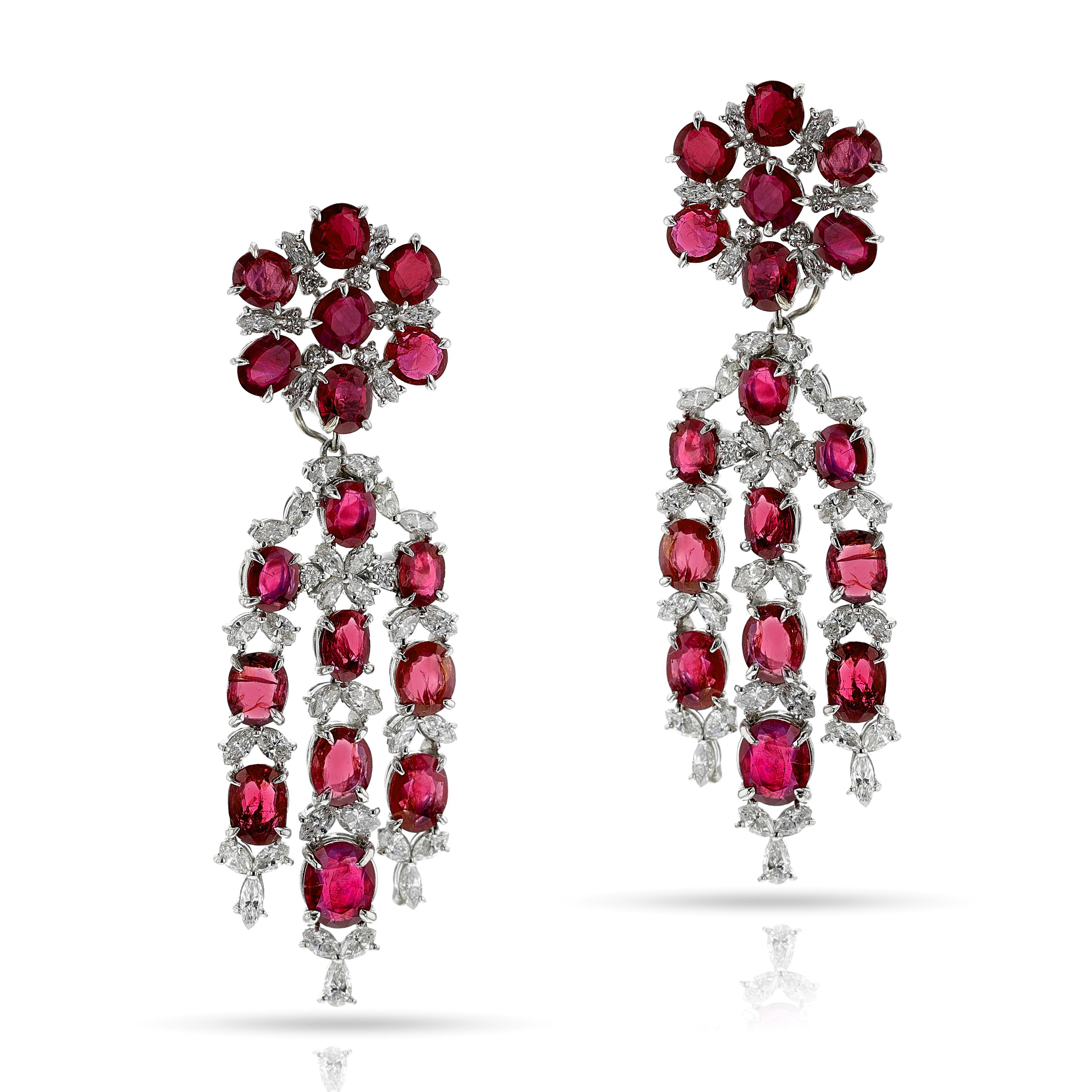 Mixed Cut GIA Certified Burma No Heat Ruby and Diamond Day and Night Dangling Earrings