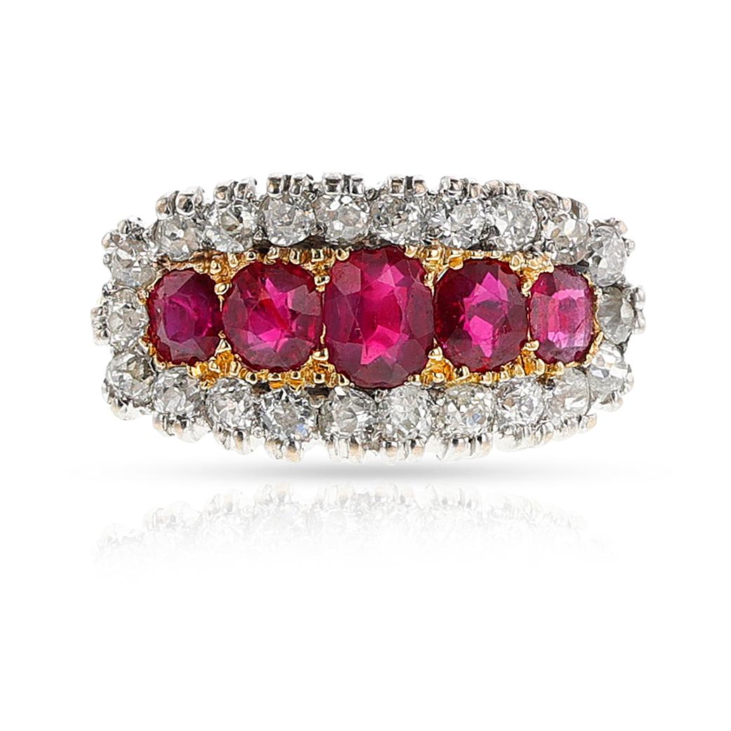A GIA Certified Burma No Heat Ruby and Diamond Victorian Ring, 18k and Platinum top. The GIA report states that the rubies are from Burma and they are unheated. The ring size is US 7. The ring weighs 4.80 grams.