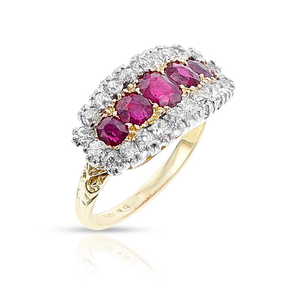 GIA Certified Burma No Heat Ruby and Diamond Victorian Ring, 18k and Platinum In Excellent Condition For Sale In New York, NY