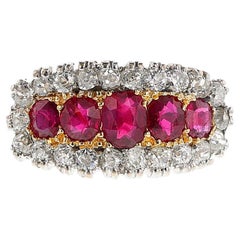Anillo Victoriano de Rubíes y Diamantes Sin Calor de Birmania Certificado por GIA, 18k y Platino