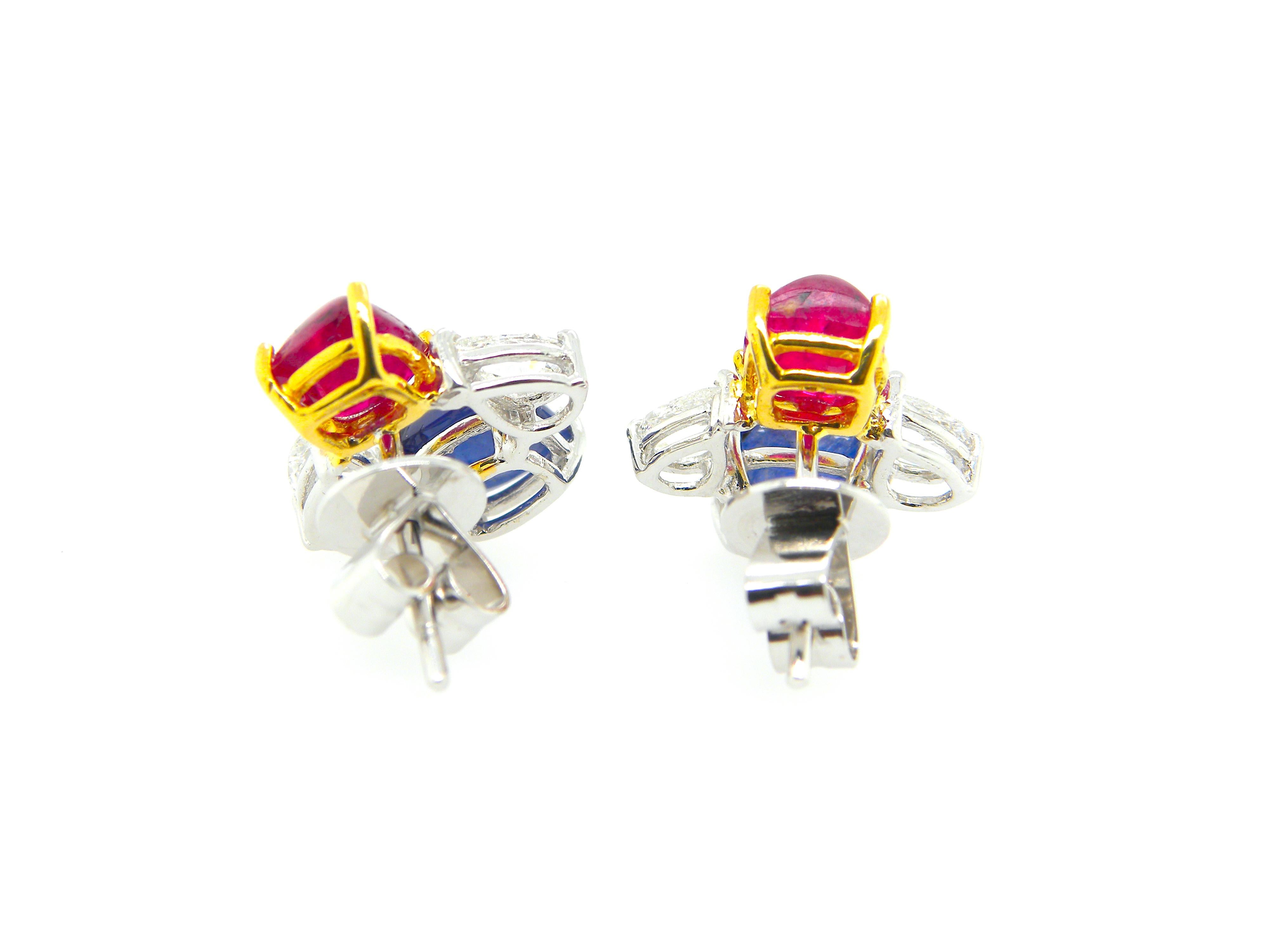GIA Certified Burma No Heat Ruby and Sapphire Sugarloaf White Diamond Earrings 4