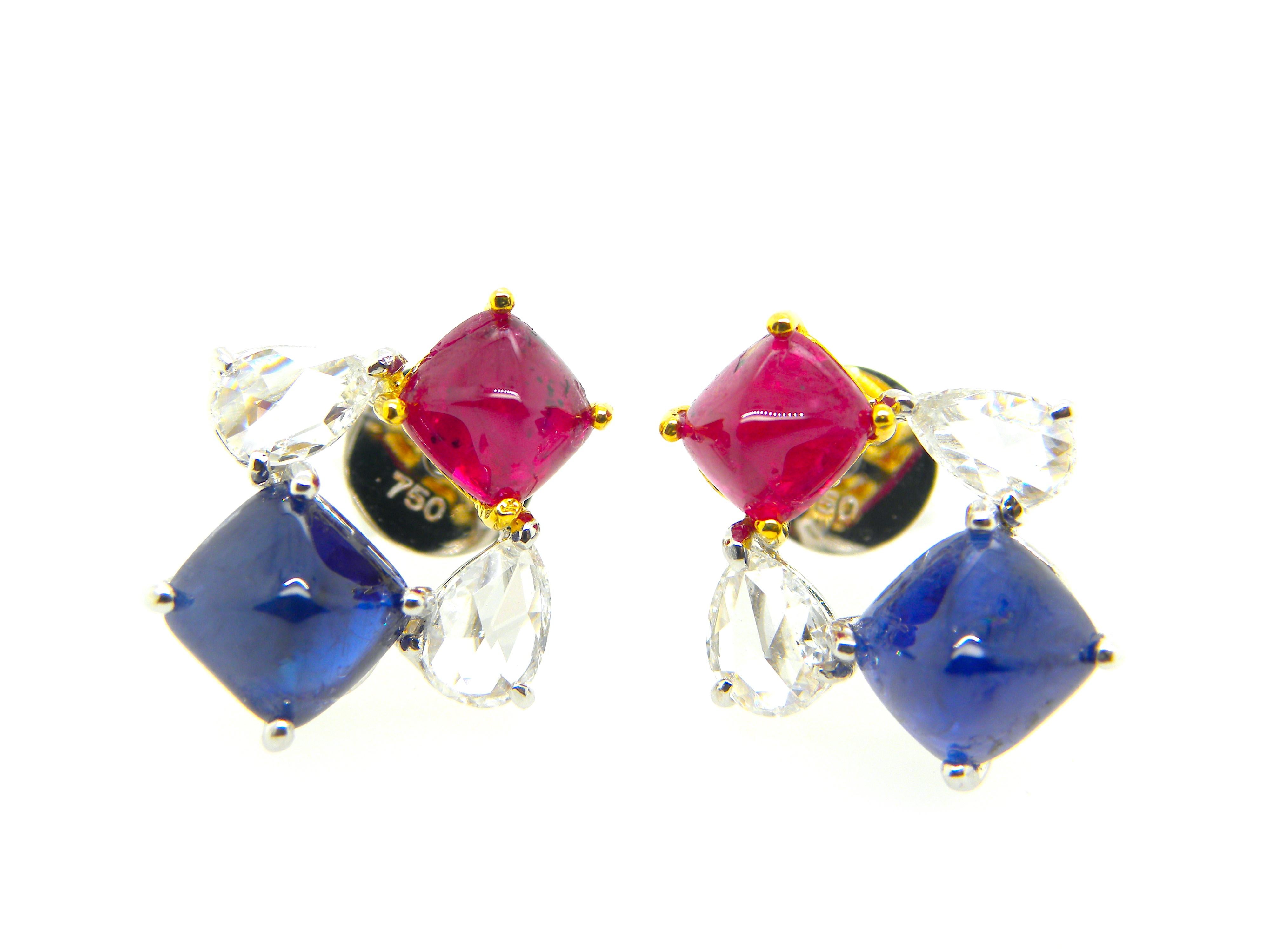 GIA Certified Burma No Heat Ruby and Sapphire Sugarloaf White Diamond Earrings 5