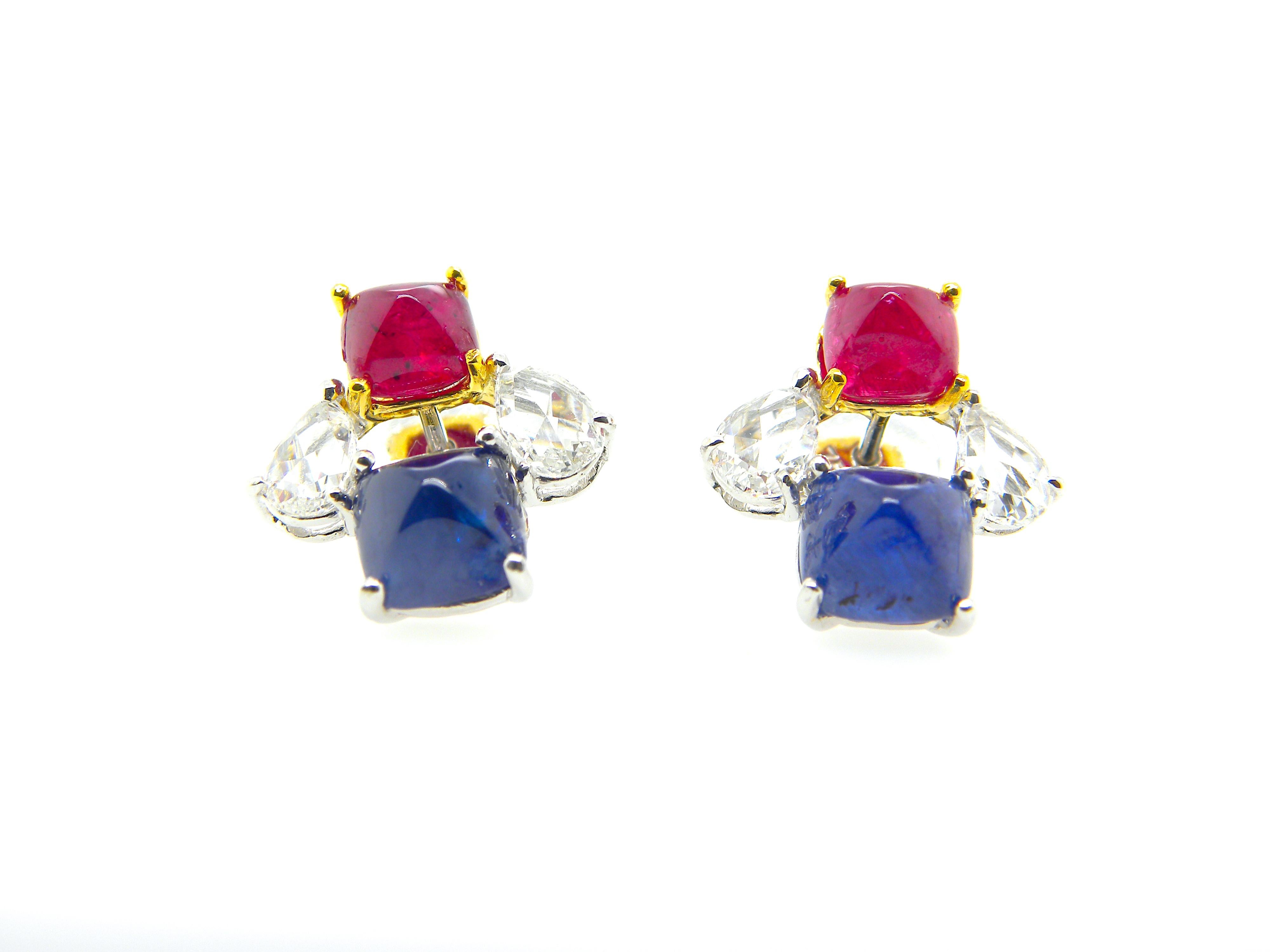 Modern GIA Certified Burma No Heat Ruby and Sapphire Sugarloaf White Diamond Earrings