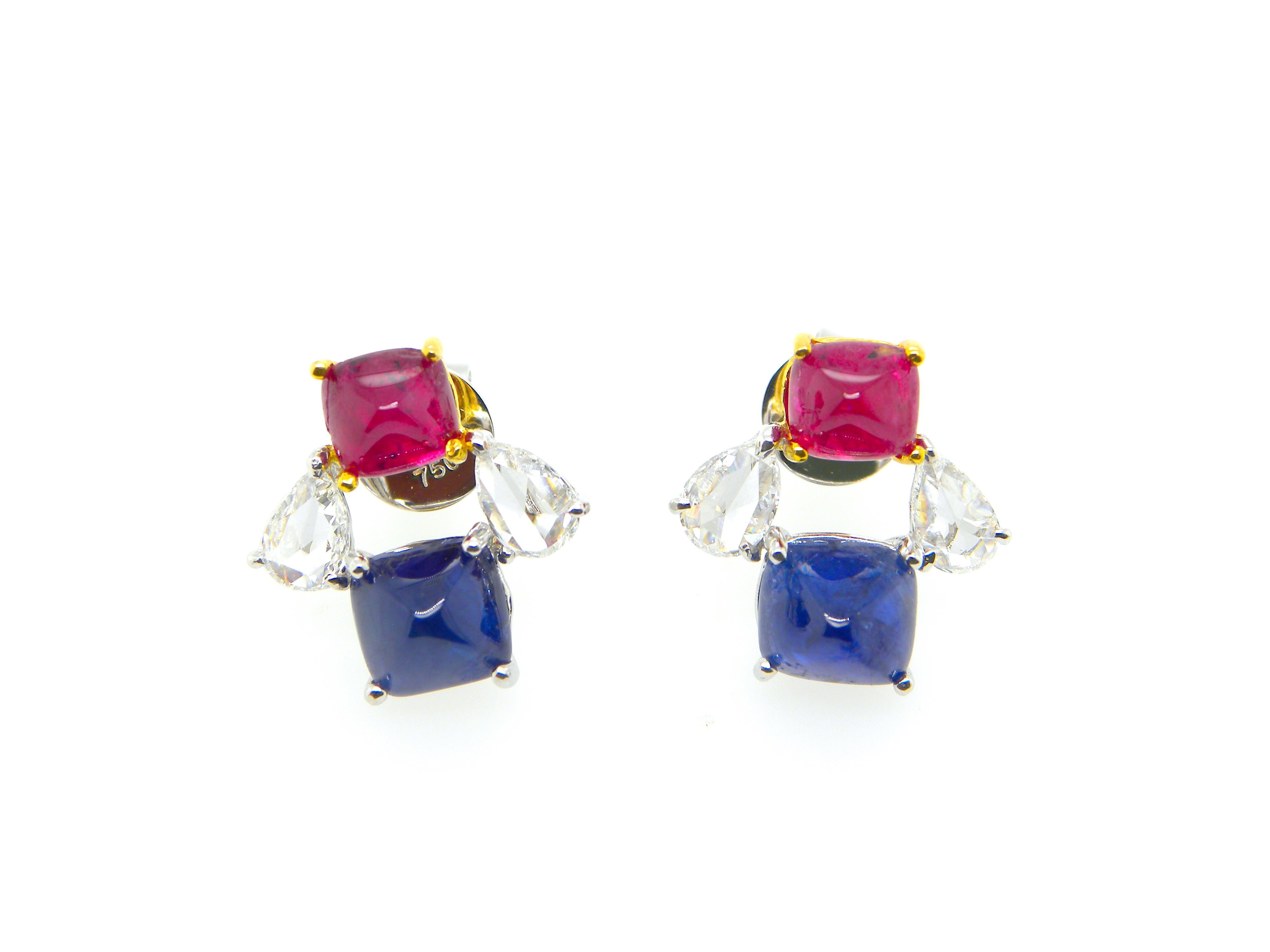 Sugarloaf Cabochon GIA Certified Burma No Heat Ruby and Sapphire Sugarloaf White Diamond Earrings