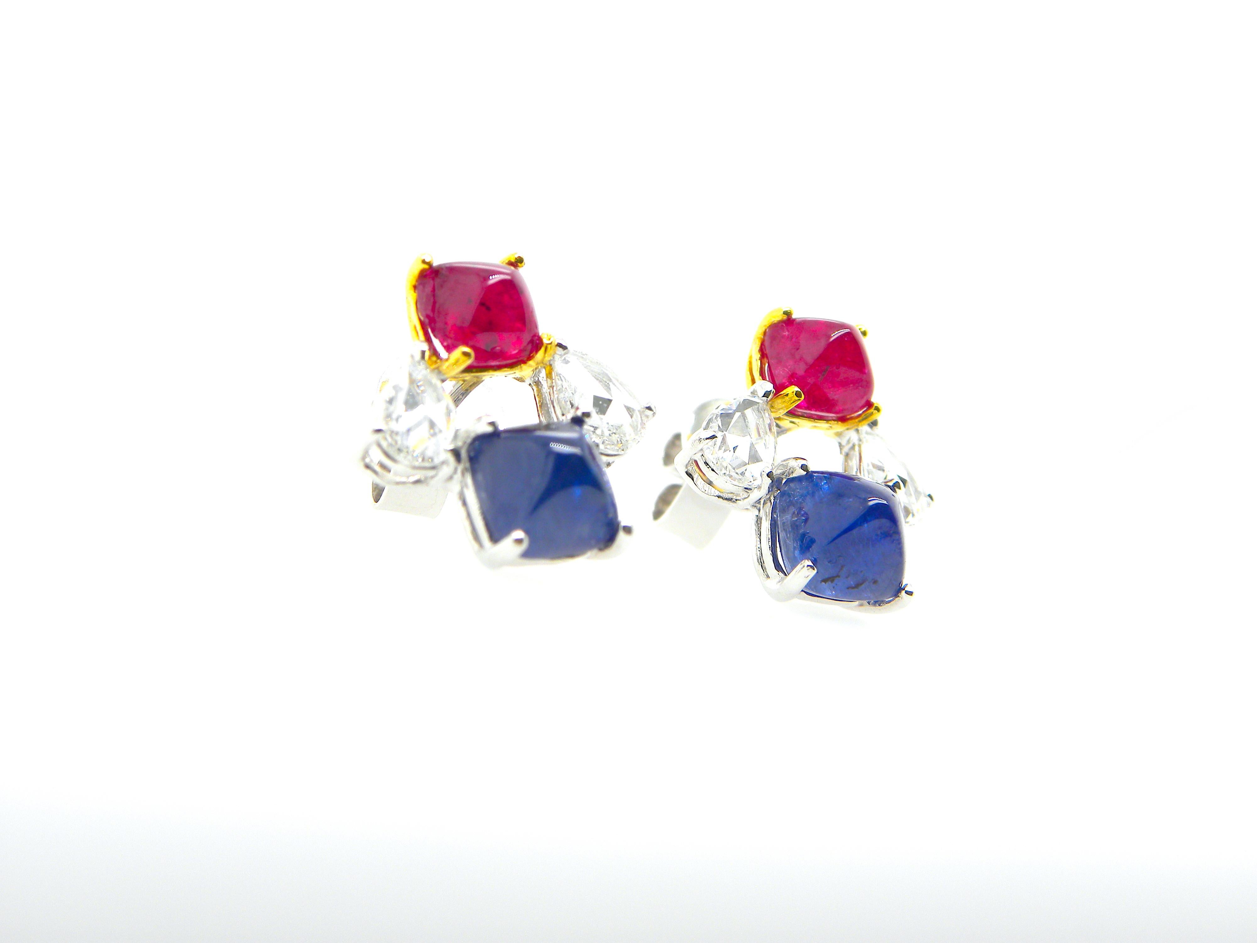GIA Certified Burma No Heat Ruby and Sapphire Sugarloaf White Diamond Earrings In New Condition In Hong Kong, HK