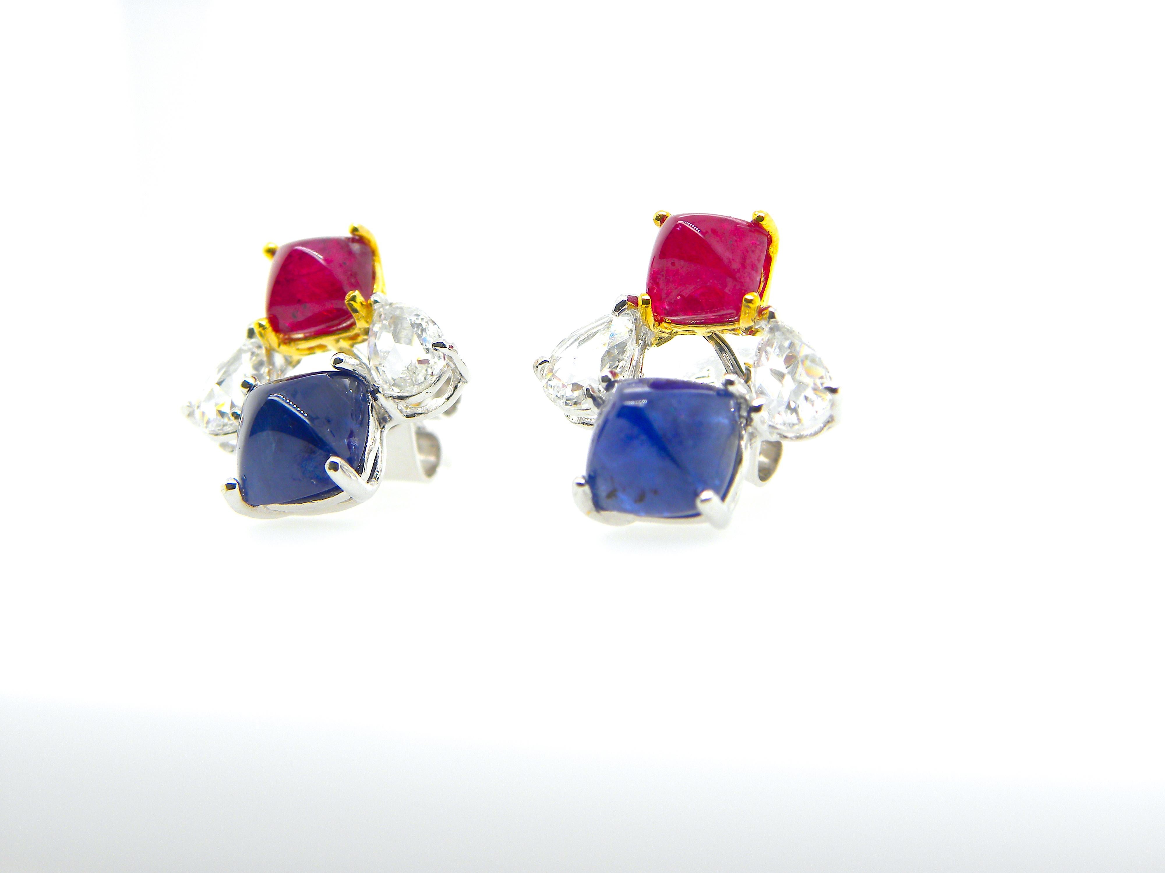 Women's or Men's GIA Certified Burma No Heat Ruby and Sapphire Sugarloaf White Diamond Earrings