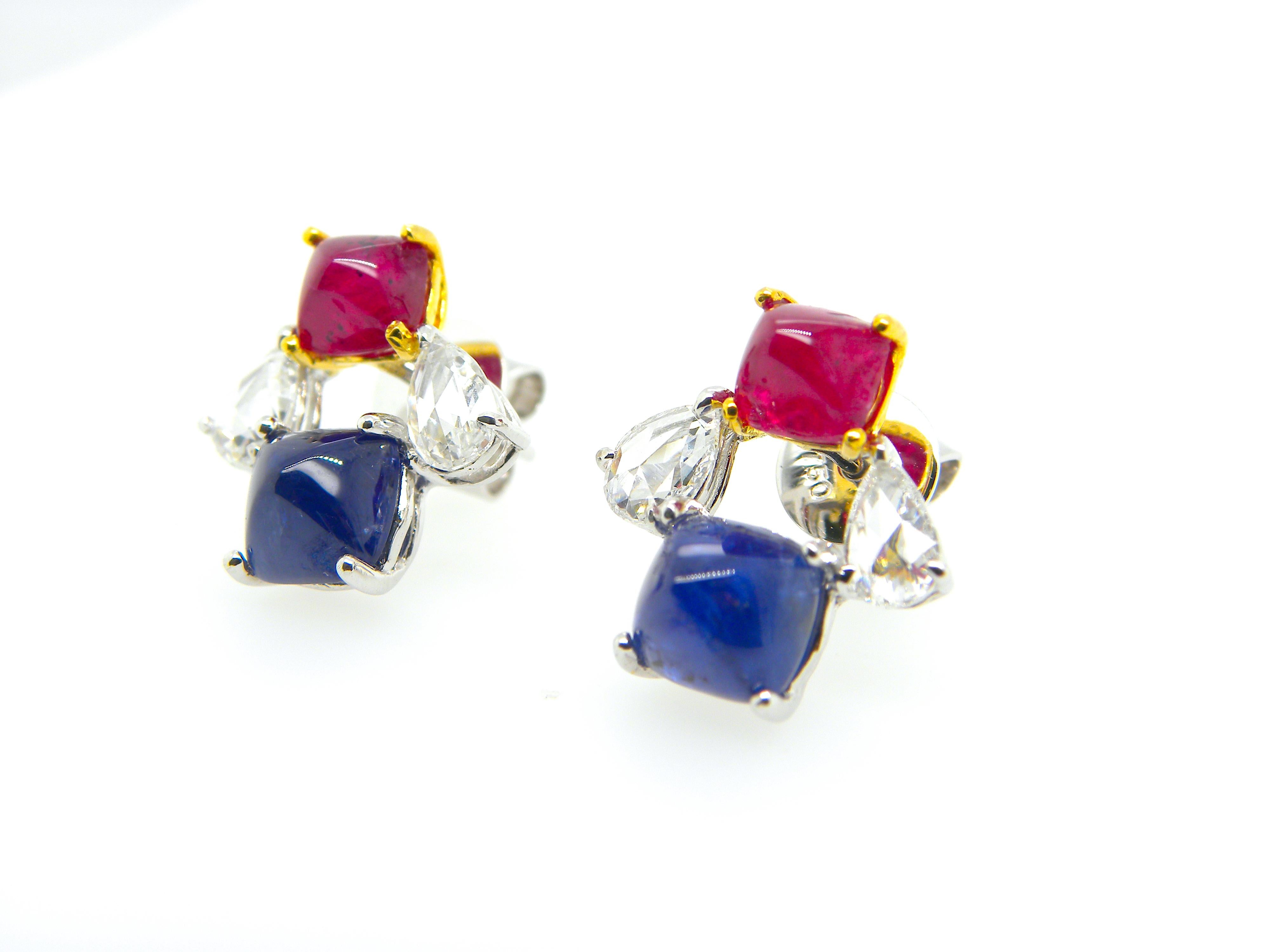 GIA Certified Burma No Heat Ruby and Sapphire Sugarloaf White Diamond Earrings 1
