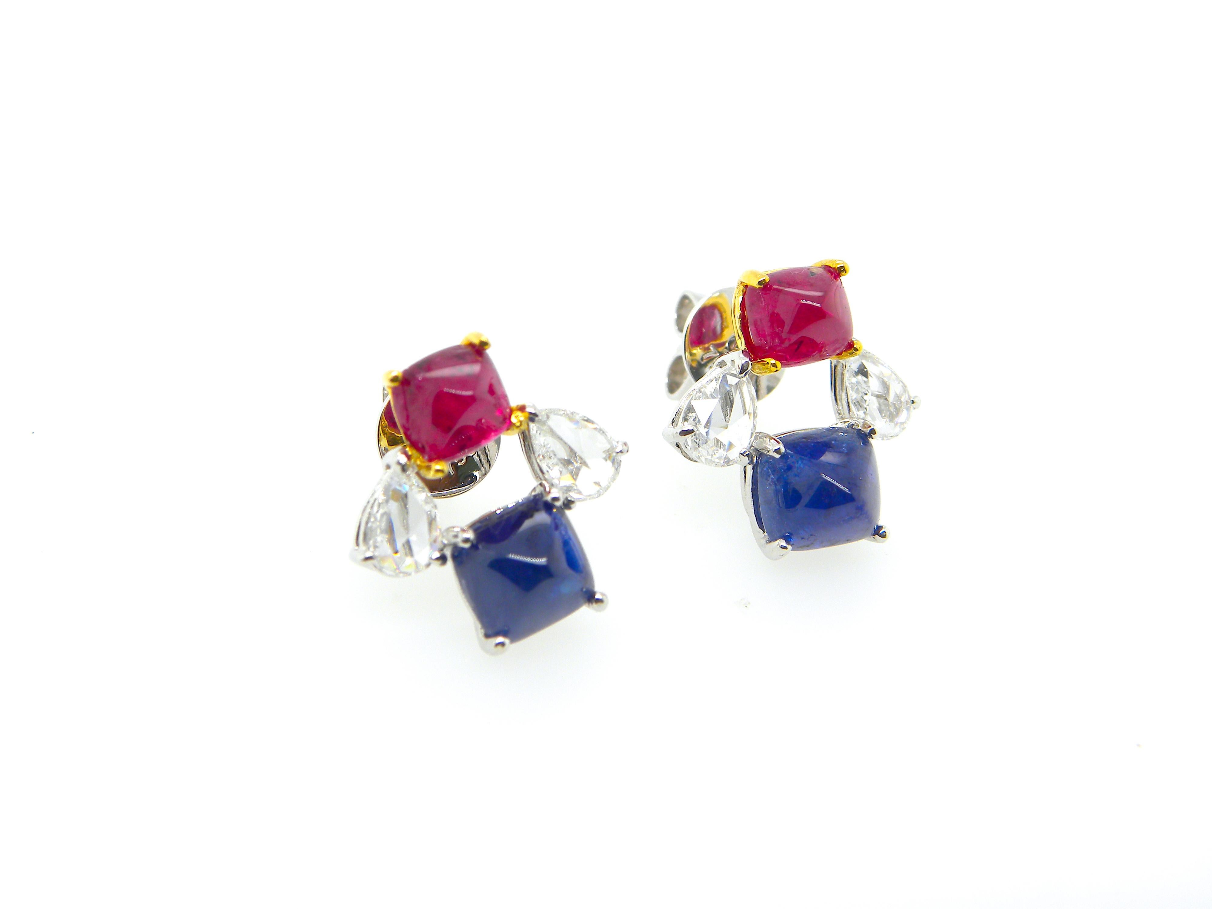 GIA Certified Burma No Heat Ruby and Sapphire Sugarloaf White Diamond Earrings 2