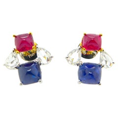 GIA Certified Burma No Heat Ruby and Sapphire Sugarloaf White Diamond Earrings