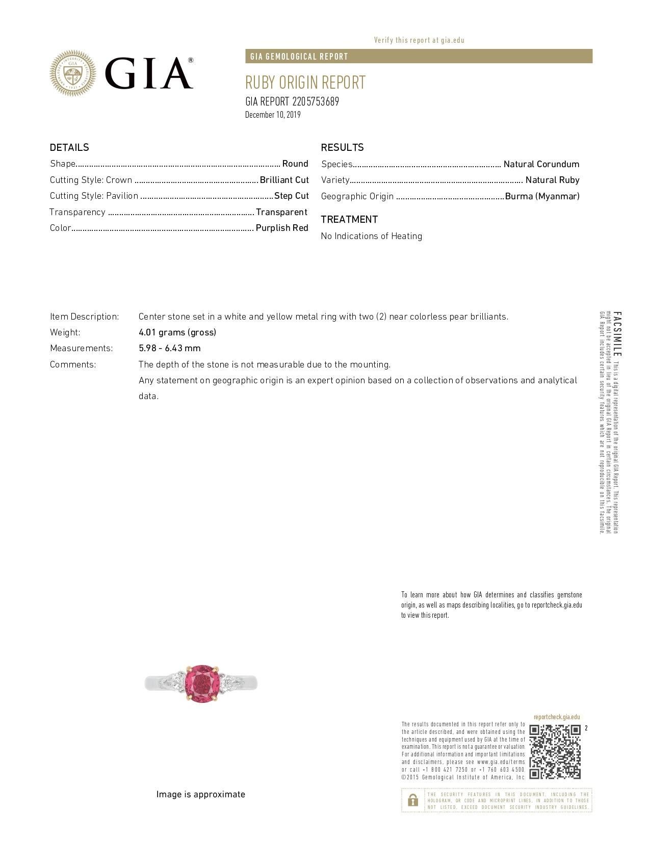 Cushion Cut GIA Certified Burma No Heat Ruby Diamond 18 Karat White Gold Pear Diamond Ring For Sale