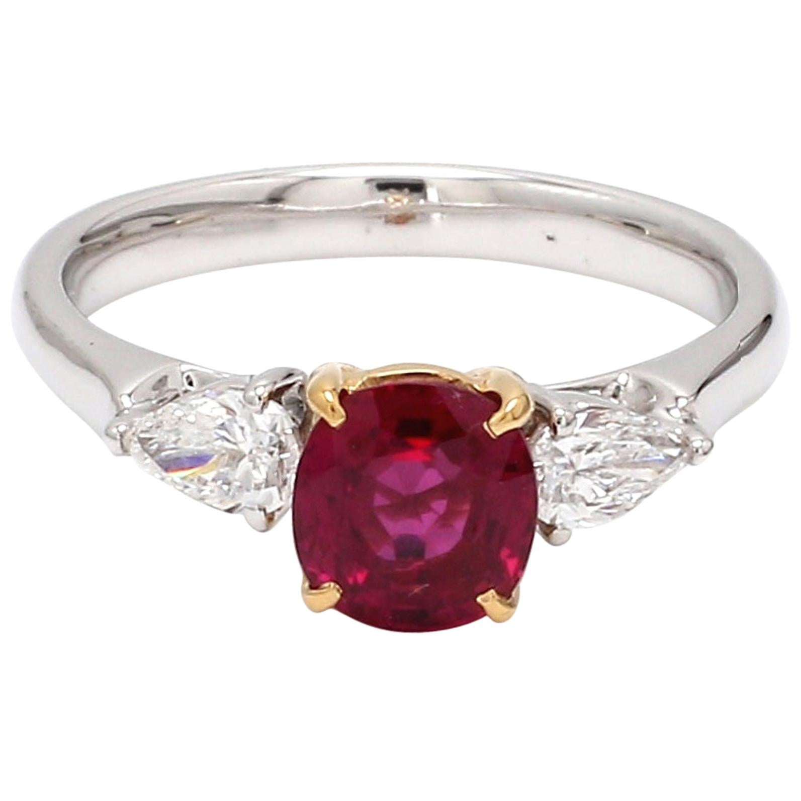 GIA Certified Burma No Heat Ruby Diamond 18 Karat White Gold Pear Diamond Ring For Sale