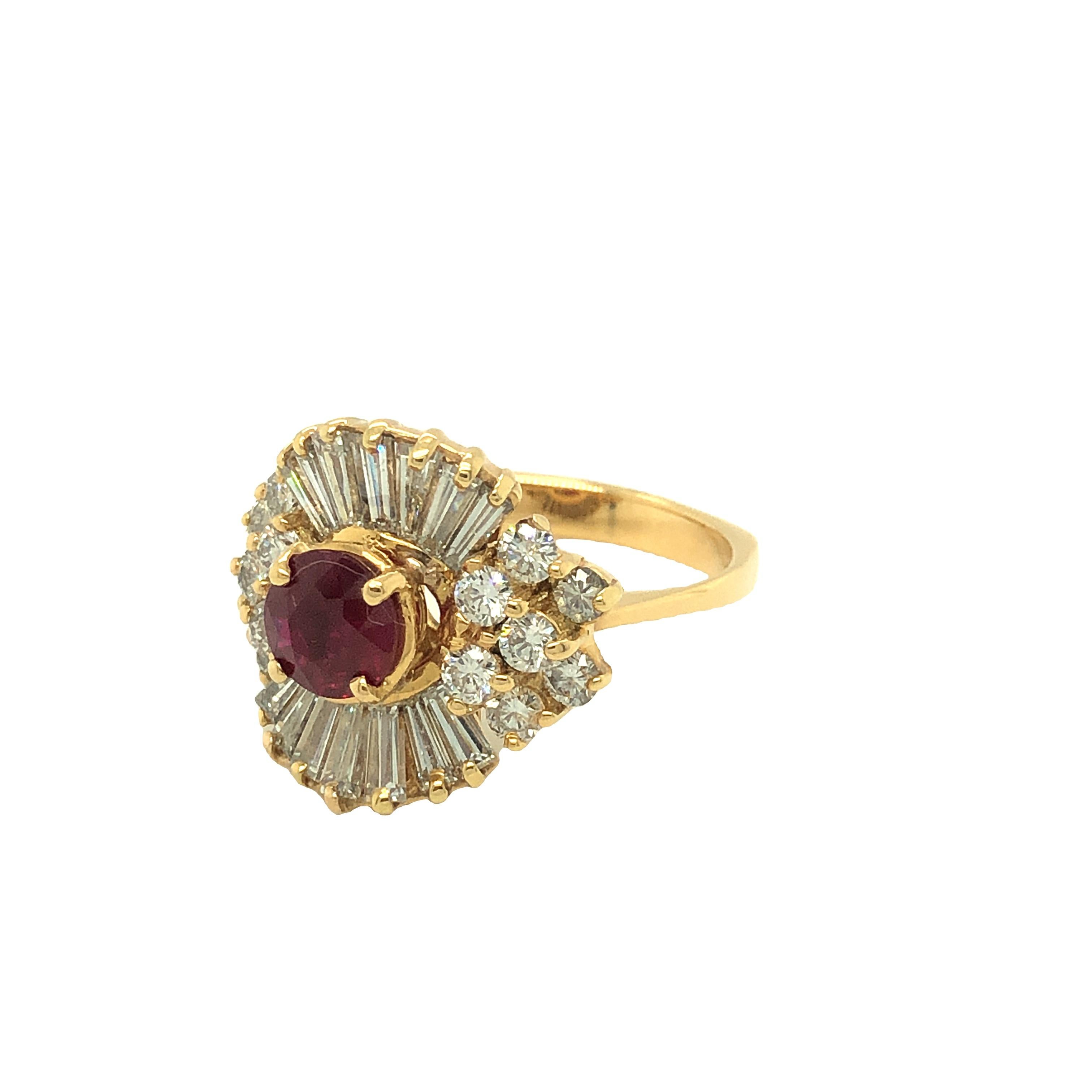 Round Cut GIA Certified Burma Ruby and Diamond Ballerina Ring 18k Yellow Gold For Sale