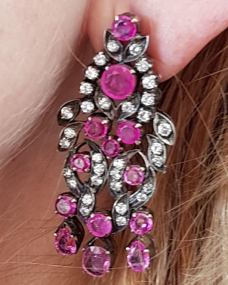 Round Cut GIA Certified Burma Ruby and Diamond Cascade Earrings For Sale