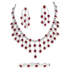 GIA Certified Burma Ruby and Diamond Necklace, Earrings, and Bracelet Set