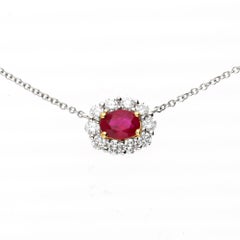 GIA Certified Burma Ruby Diamond Halo 18K Two Tone Gold Necklace & Earring Set