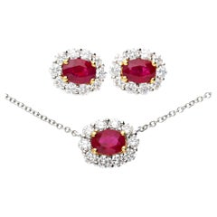 GIA Certified Burma Ruby Diamond Halo 18K Two Tone Gold Necklace & Earring Set